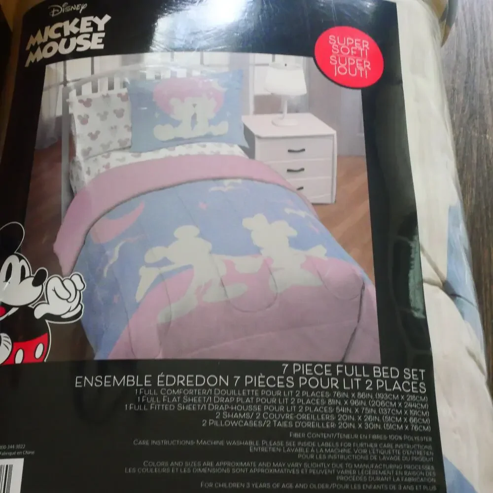 NEW Disney Mickey & Minnie Mouse 7 Pc Full Comforter  Set Franco Blue Purple